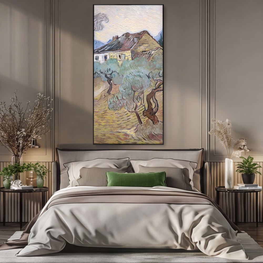 Tablou canvas cu pictura cu maslini si casa rurala, in rama de aluminiu negru, pe perete intr-un dormitor